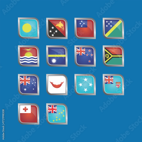 Collection of flags from oceania countries on a blue background