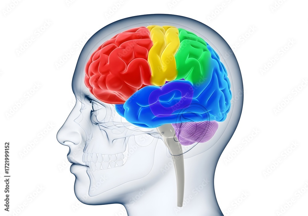 Obraz premium Illustration of a human head with a transparent skull and a color coded brain inside the head shape