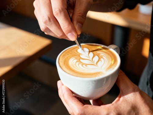 Barista Precisely Creating Latte Art with a Metal Tool, Close up of Hands and Coffee Cup