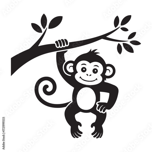 Vector art of silhouette of a playful monkey hanging from a tree branch, , capturing its cheerful and acrobatic nature in a simple design