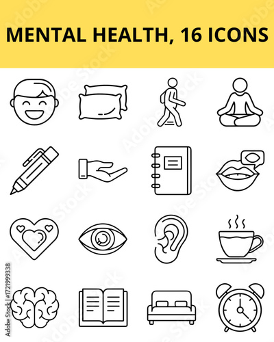 Mental health icons representing wellness, mindfulness, and self-care  