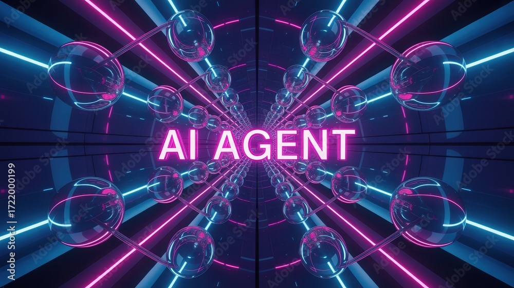 Obraz premium Futuristic AI agent concept with glowing neon spheres and dynamic connections, perfect for cutting-edge tech or innovative business solutions