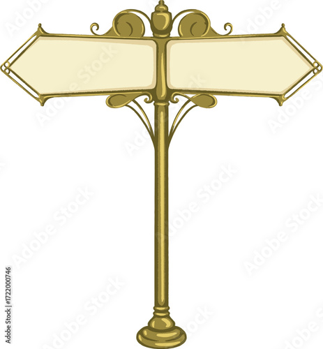 Ornate golden signpost with two blank directional arrows