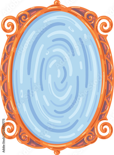 Ornate oval mirror with swirling fingerprint pattern in reflection