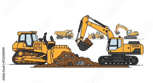 Construction machinery including bulldozer, excavator, and dump truck actively working on earthmoving project.