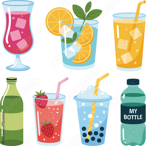Beverage, drink, juice, smoothie, bubble tea, cocktail, fruit punch, soda, water bottle, iced drink, colorful glass, straw, mint, citrus, strawberry, orange, refreshing drink, drink illustration