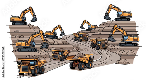 Excavator loaders loading dump trucks in an open-pit mine.