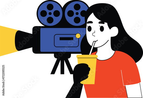 Person drinks from cup next to movie camera