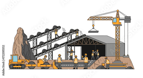 Construction site with workers, machinery, and conveyor belts.