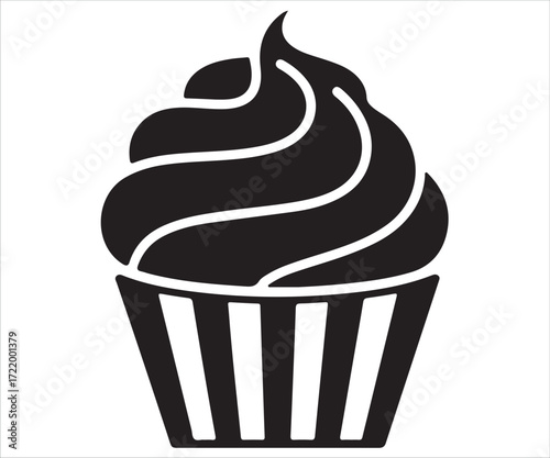 Cupcake silhouette illustration, black vector icon of sweet dessert with frosting symbolizing bakery, pastry, celebration, party treat, confectionery, and food concept isolated on white background