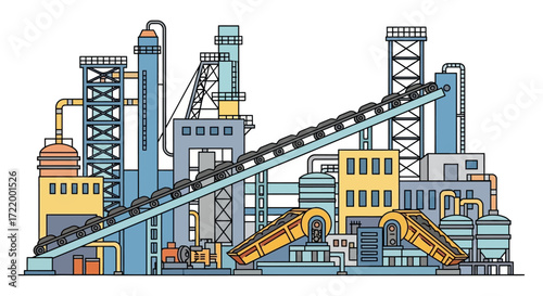Industrial factory complex with conveyor belts and various structures.