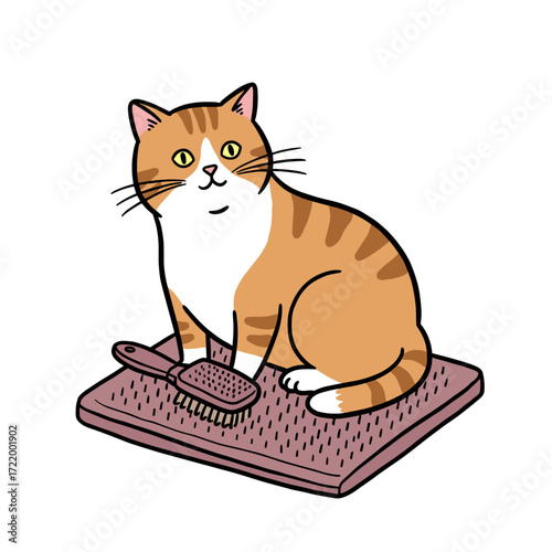 Cat sitting on a mat with a brush, looking playful and content  