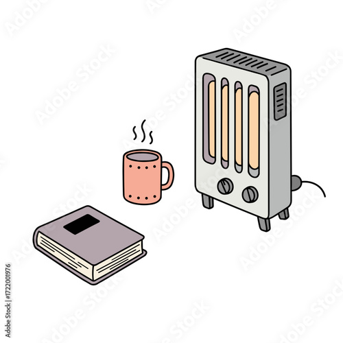 Heater with steaming mug and book for cozy winter ambiance  