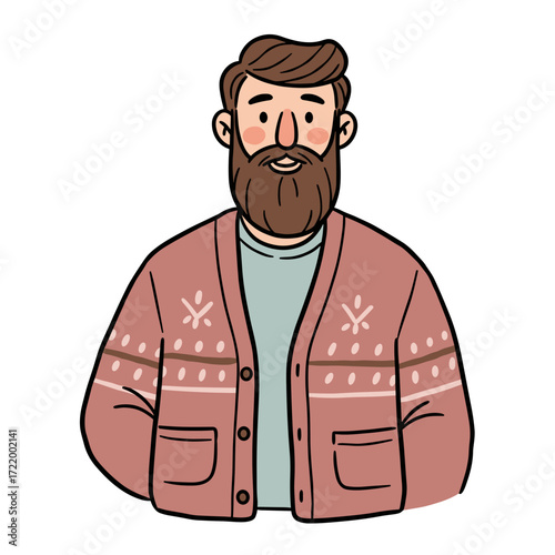 Bearded man in cozy cardigan with cheerful expression in illustration  