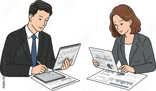 Businessman and businesswoman analyzing charts, reviewing reports, financial growth, data analysis, teamwork, corporate planning, investment strategy, office success, professional management