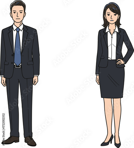 Businessman in suit, businesswoman in professional outfit, office teamwork, leadership, corporate career, executive colleagues, management, confident partners, success, communication