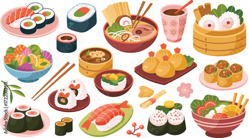 Japanese food, sushi, ramen, sashimi, onigiri, gyoza, miso soup, dumplings, tea, chopsticks, seafood, rice, noodles, traditional cuisine, Japanese illustration, food vector