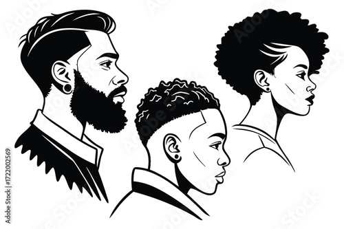 Diverse black individuals stylized portrait collection different hairstyles modern artistic drawing