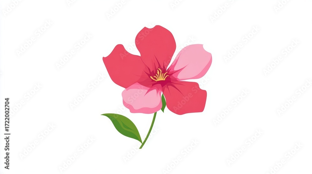 Fototapeta premium A vibrant pink and red five-petal flower with a green stem and leaf on a clean white background, depicted in a simple illustrative style.