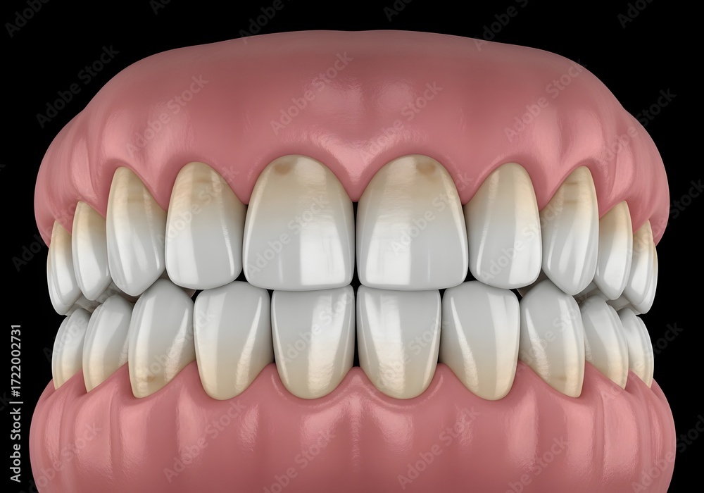 Obraz premium A close up view of human teeth and gums showing some discoloration and potential dental issues visible