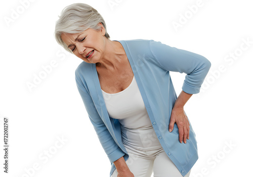 Elderly woman with back pain, hip pain, and knee pain, experiencing discomfort