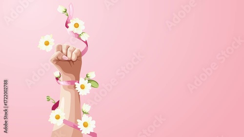 Breast cancer awareness month motion graphic design on pink background with text and ribbon decoration