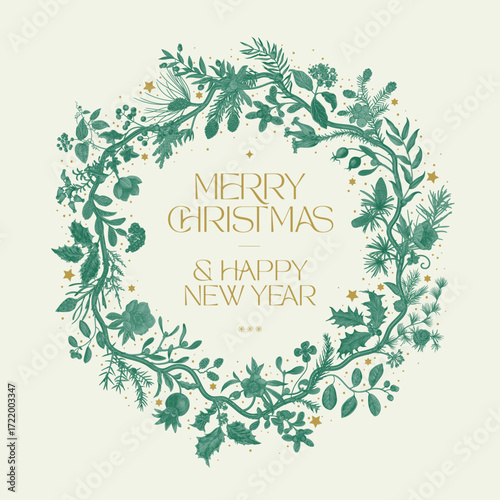 Winter flora. Vintage wavy circle wreath. Merry Christmas and Happy New Year. Greeting floral card. Emerald ang gold