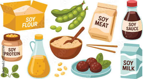 Soy food illustration, plant-based protein, soy flour, soy milk, soy sauce, soy meat, edamame, vegan diet, healthy cooking, nutrition