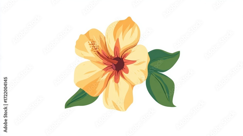 Fototapeta premium A detailed illustration of a yellow hibiscus flower with green leaves, isolated on white.