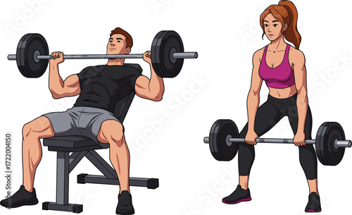 Fitness man lifting heavy barbell, muscular woman training with dumbbells, strength workout, bodybuilding exercise, gym couple, athletic lifestyle illustration