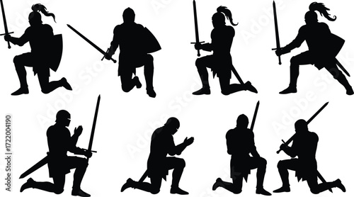 A collection of silhouettes of medieval knights or warriors in various poses, with swords and a banner, on a white background.