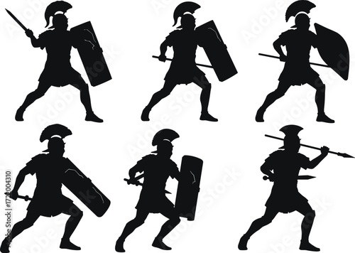 A collection of ancient Roman or Greek warrior silhouettes in various combat poses, with a helmet, shield, and sword on a white background.