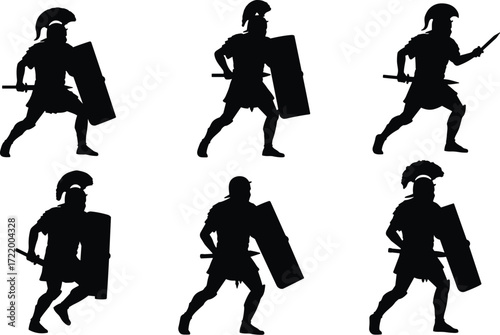 A collection of ancient Roman or Greek warrior silhouettes in various combat poses, with a helmet, shield, and sword on a white background.