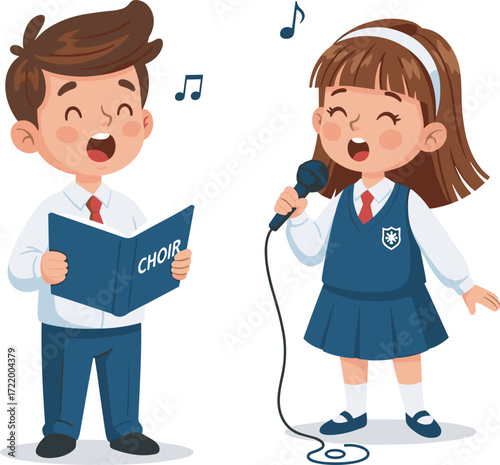 Children singing, school choir, music performance, microphone, uniformed kids, joyful expression, musical notes, stage activity, vocal training, artistic learning