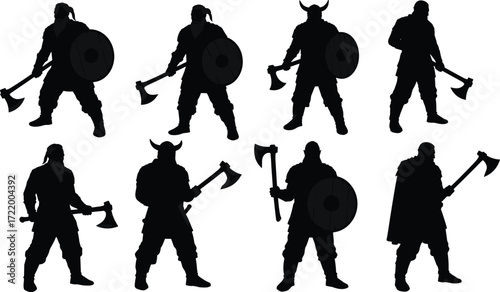 A collection of pixel art silhouettes of a Viking warrior with a beard, holding a battle axe and a shield on a white background.
