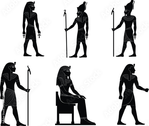 A collection of ancient Egyptian god silhouettes, including pharaohs and deities like Ra and Osiris, in various poses on a white background.