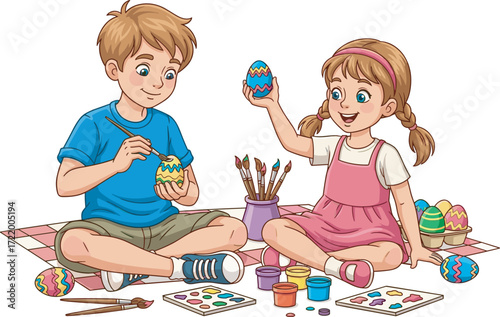 Happy children painting Easter eggs outdoors, kids enjoying spring holiday activity, colorful decorations, family fun, creative playtime, seasonal celebration, joyful tradition