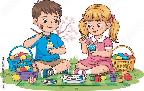 Happy children painting Easter eggs outdoors, kids enjoying spring holiday activity, colorful decorations, family fun, creative playtime, seasonal celebration, joyful tradition