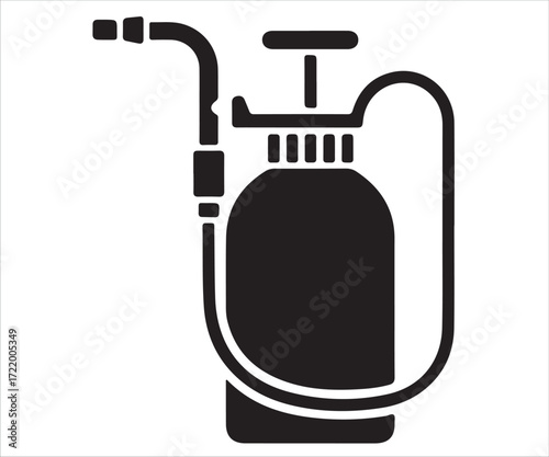 Garden sprayer silhouette illustration, black vector icon of pesticide spray bottle with hose and nozzle, tool for agriculture, gardening, cleaning, and pest control concept isolated on white backgrou
