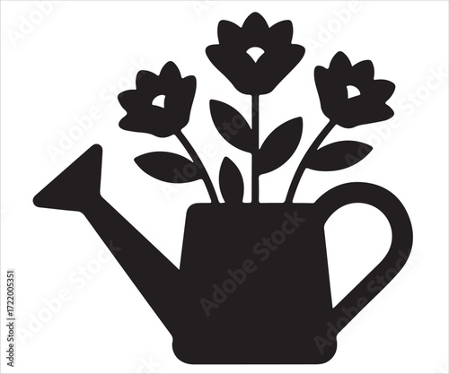 Watering can with flowers silhouette illustration, black vector icon symbolizing gardening, growth, spring, floral decoration, nature care, and plant cultivation concept isolated on white background