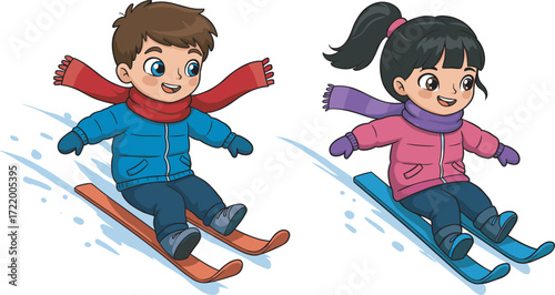 Happy children sledding downhill on snowy slope, kids enjoying winter outdoor activity, fun holiday recreation, seasonal adventure, playful snow games, excitement