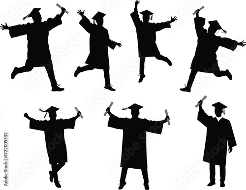 Celebrating graduation: a group of diverse silhouettes of joyful college or university students throwing their caps and celebrating their success on a white background.