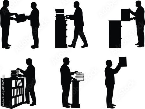 Black and white silhouettes of people in a library, interacting with books on shelves, depicting study, knowledge, and education.