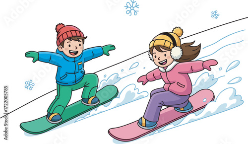 Happy children snowboarding downhill on snowy mountain slope, winter outdoor activity, kids enjoying snow sports, fun adventure, holiday recreation, seasonal excitement