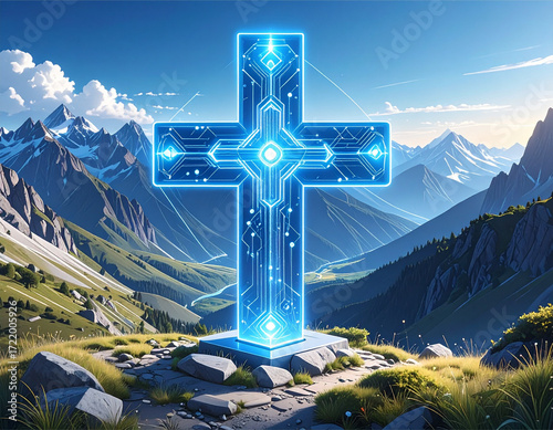 Minimalist Futuristic Blue Holographic Cross with Circuit Lines and Health Icons, Isometric Style, Isolated