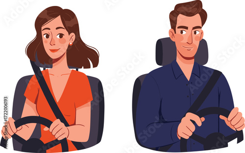 Man and woman driving car with seatbelt, safe driving concept, transportation lifestyle, road safety awareness, travel couple illustration, modern commuting scene