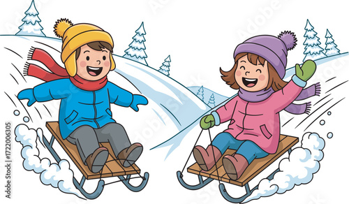 Happy children snowboarding downhill on snowy mountain slope, winter outdoor activity, kids enjoying snow sports, fun adventure, holiday recreation, seasonal excitement