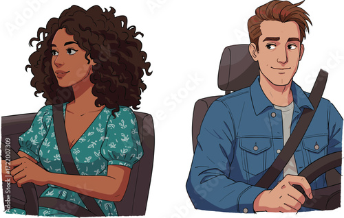 Man and woman driving car with seatbelt, safe transportation concept, modern vehicle travel, road safety awareness, commuting couple lifestyle, car journey illustration