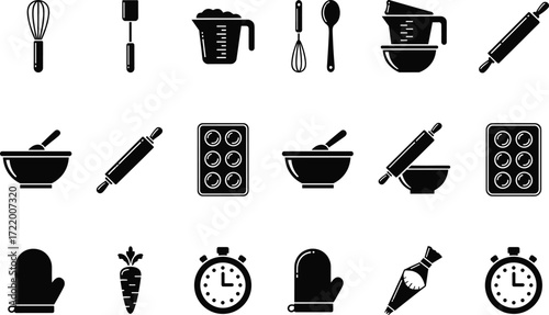 Baking tools vector icons, kitchen utensils silhouette set, cooking equipment black and white, whisk, rolling pin, bowl, oven mitt, piping bag
