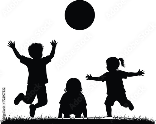 Children playing outdoors, silhouette kids jumping, happy childhood moment, summer fun, grassy field, ball game, energetic movement, black and white vector illustration